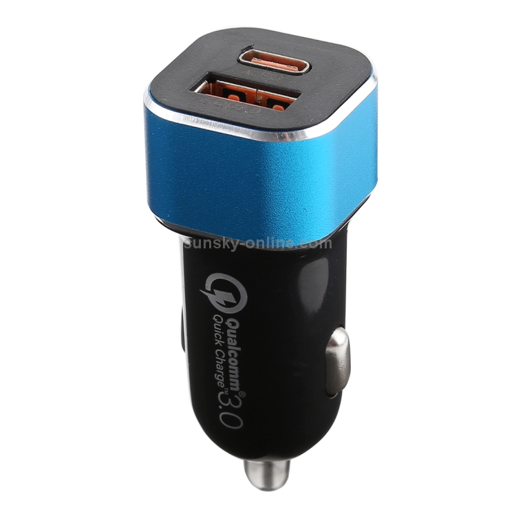Type-C QC3.0 Dual USB Flash Car Charger(Blue) Type-C QC3.0 Dual USB Flash Car Charger(Blue)