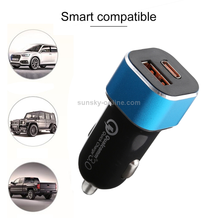 Type-C QC3.0 Dual USB Flash Car Charger(Blue) Type-C QC3.0 Dual USB Flash Car Charger(Blue)