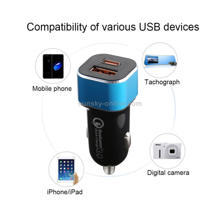 Type-C QC3.0 Dual USB Flash Car Charger(Blue) Type-C QC3.0 Dual USB Flash Car Charger(Blue)