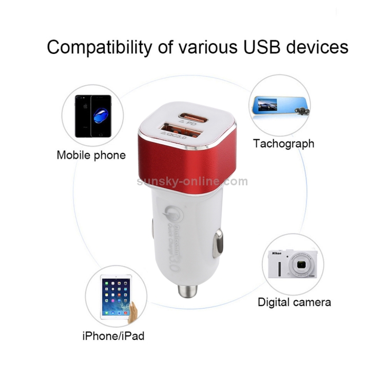 Type-C QC3.0 Dual USB Smart Fast Car Charger(Red) Type-C QC3.0 Dual USB Smart Fast Car Charger(Red)