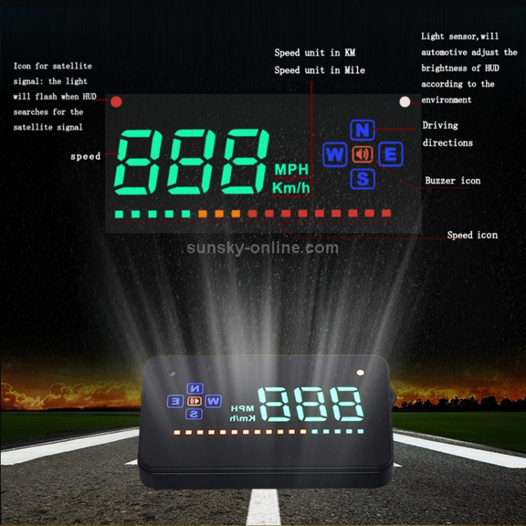 A2 HUD Pantalla frontal de coche con GPS HD de 3,5 pulgadas, alarma de velocidad y exceso de velocidad, brújula, cambio libre entre kilómetros y millas (negro) - 4