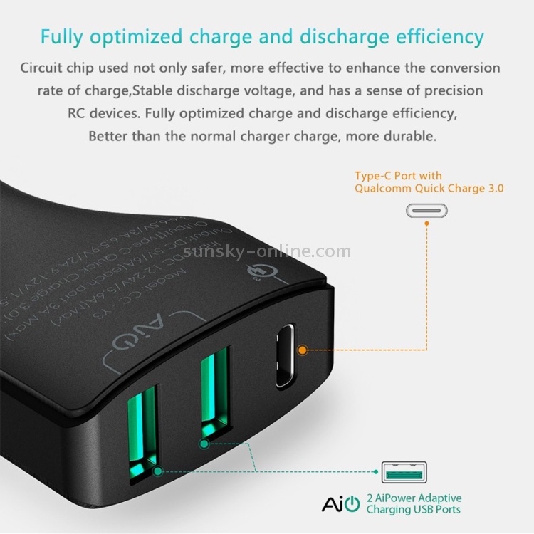 AUKEY CC-Y3 3 Ports Quick Charge 3.0 USB Car Charger for Smartphones and Tablets