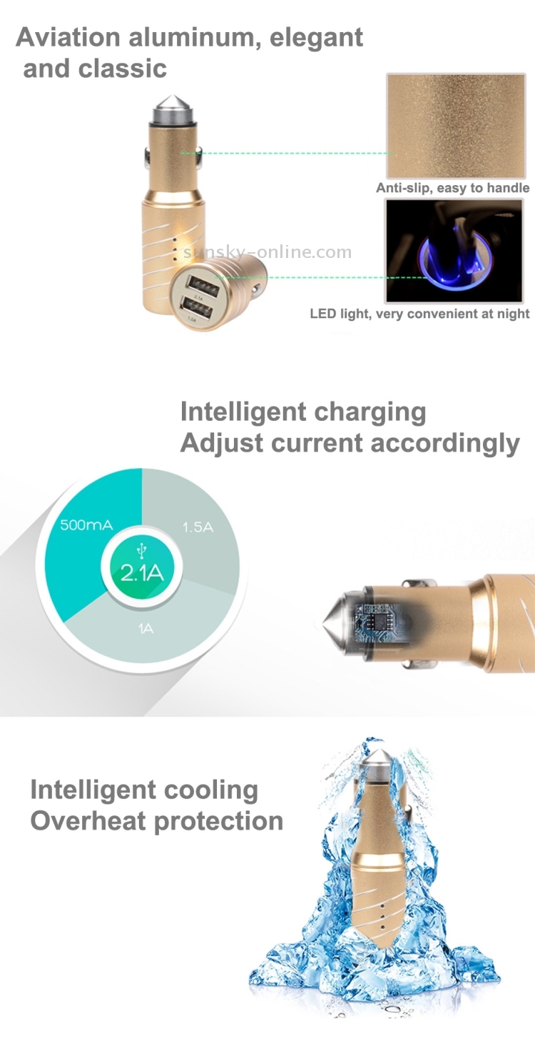 SEZU Whirl Texture Aviation Aluminium 1A + 2.1A Dual USB Car Charger with Air-purifying Function & Safety Hammer(Silver) SEZU Whirl Texture Aviation Aluminium 1A + 2.1A Dual USB Car Charger with Air-purifying Function & Safety Hammer(Silver)