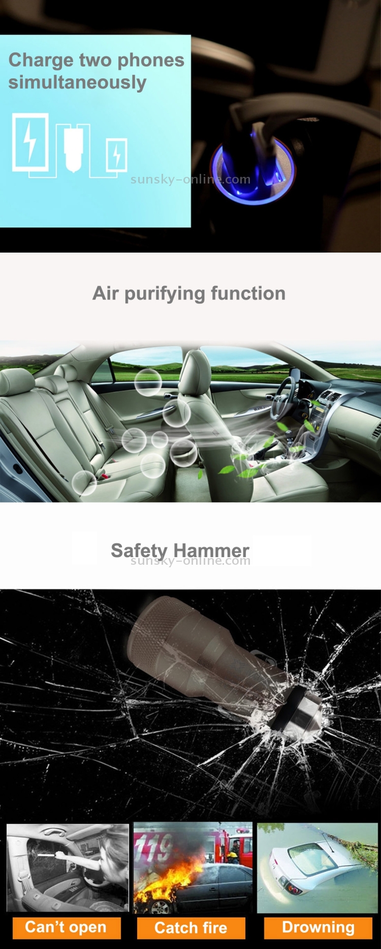 SEZU Whirl Texture Aviation Aluminium 1A + 2.1A Dual USB Car Charger with Air-purifying Function & Safety Hammer(Silver) SEZU Whirl Texture Aviation Aluminium 1A + 2.1A Dual USB Car Charger with Air-purifying Function & Safety Hammer(Silver)