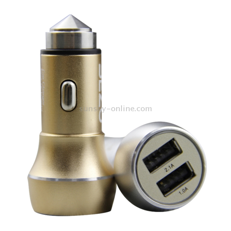 SEZU Thick Round Aviation Aluminium 1A + 2.1A Dual USB Car Charger with Safety Hammer(Gold) SEZU Thick Round Aviation Aluminium 1A + 2.1A Dual USB Car Charger with Safety Hammer(Gold)