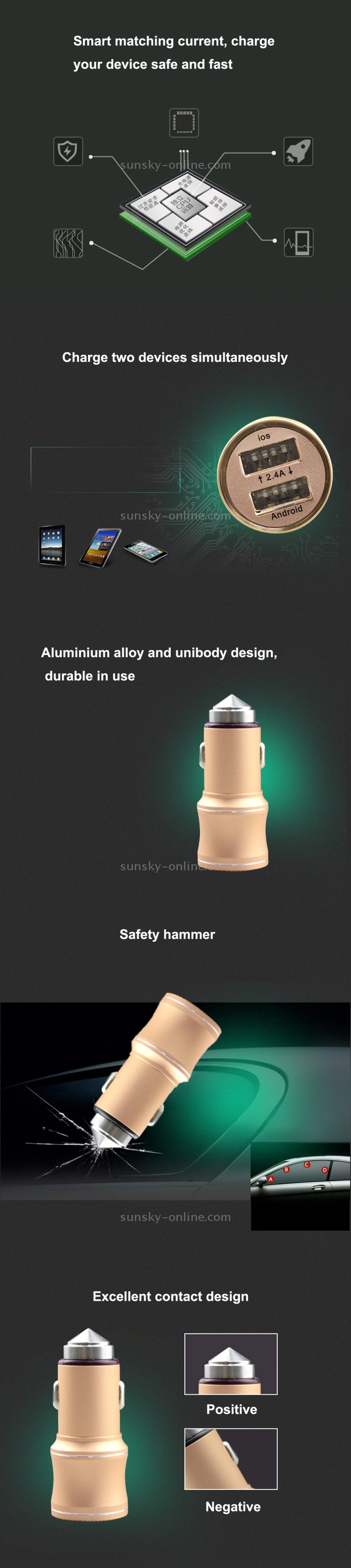 SEZU Whirl Texture Aviation Aluminium 1A + 2.1A Dual USB Car Charger with Safety Hammer(Gold) SEZU Whirl Texture Aviation Aluminium 1A + 2.1A Dual USB Car Charger with Safety Hammer(Gold)