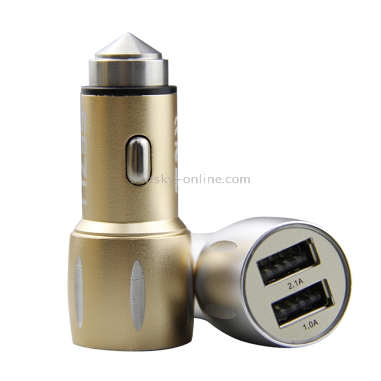 SEZU Vertical Stripes Texture Aviation Aluminium 1A + 2.1A Dual USB Car Charger with Safety Hammer(Gold) SEZU Vertical Stripes Texture Aviation Aluminium 1A + 2.1A Dual USB Car Charger with Safety Hammer(Gold)