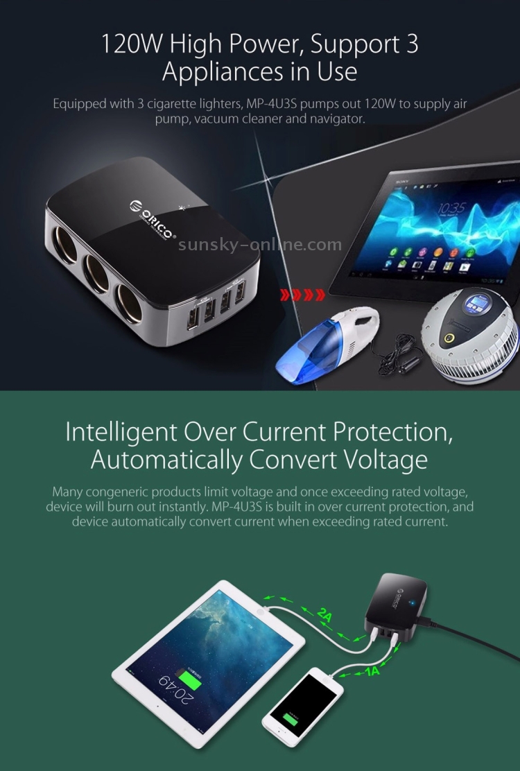 ORICO MP-4U3S Triple Cigarette Lighter Socket + Dual 2.4A & Dual 1A USB Ports Car Charger(Black) ORICO MP-4U3S Triple Cigarette Lighter Socket + Dual 2.4A & Dual 1A USB Ports Car Charger(Black)