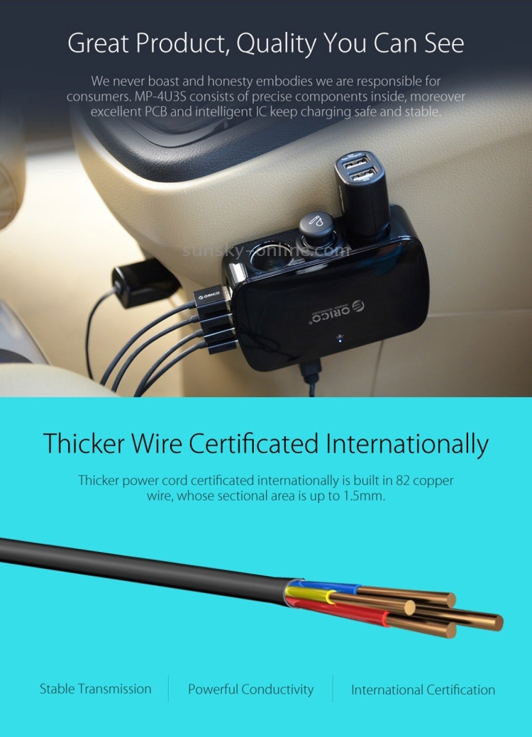 ORICO MP-4U3S Triple Cigarette Lighter Socket + Dual 2.4A & Dual 1A USB Ports Car Charger(Black) ORICO MP-4U3S Triple Cigarette Lighter Socket + Dual 2.4A & Dual 1A USB Ports Car Charger(Black)