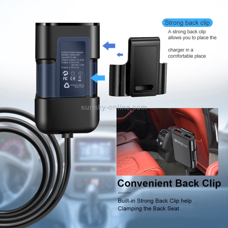 HMQ-C801 Chargeur de voiture USB 1,8 m 8A Max 4 ports avec concentrateur USB extensible pour le chargement des sièges avant et arrière (noir) - 7