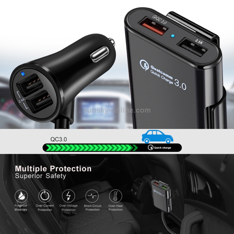 HMQ-C801 Chargeur de voiture USB 1,8 m 8A Max 4 ports avec concentrateur USB extensible pour le chargement des sièges avant et arrière (noir) - 8