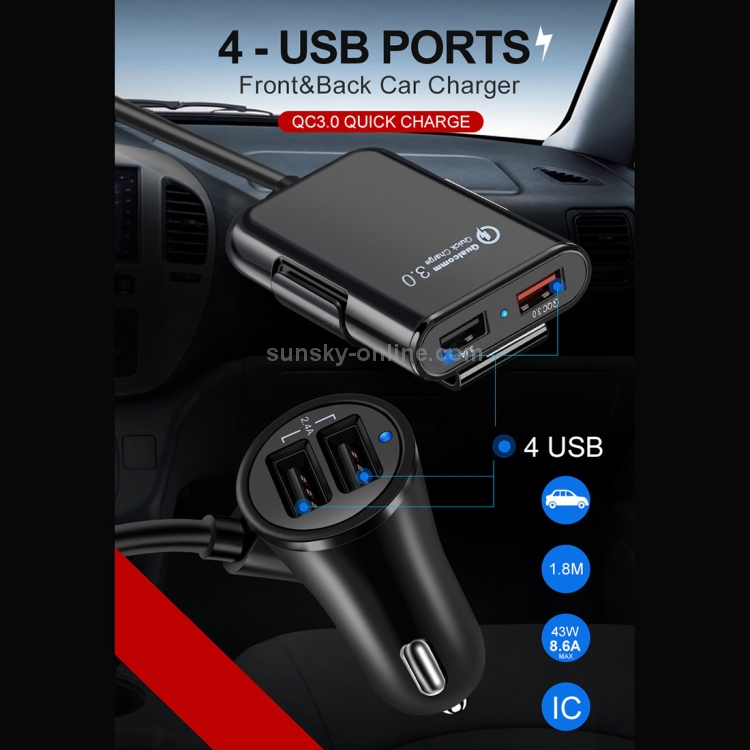 HMQ-C801 Chargeur de voiture USB 1,8 m 8A Max 4 ports avec concentrateur USB extensible pour le chargement des sièges avant et arrière (noir) - 9
