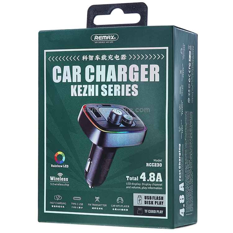 REMAX RCC230 Kezhi Series 2.4A Quick Charge Digital Display Car Charger with Colorful Atmosphere Light, Support Bluetooth Hands-free Calling & FM & U Disk / TF Card