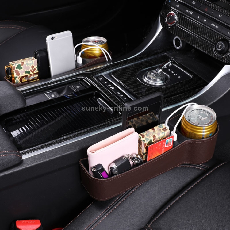 Coche multifuncional Co-piloto Asiento Consola Caja de cuero PU Encendedor de cigarrillos Bolsillo de carga Portavasos Espacio del asiento Caja de almacenamiento lateral (café) - 8