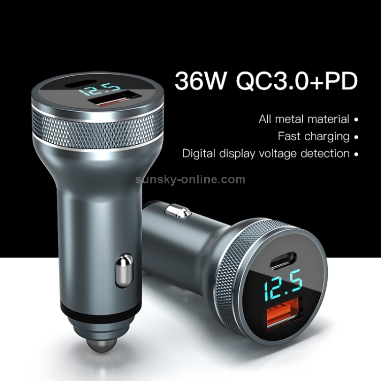 KUULAA KL-O119 36W QC3.0 USB + PD USB-C / Type-C Interface Aluminum Alloy Car Charger with Digital Display