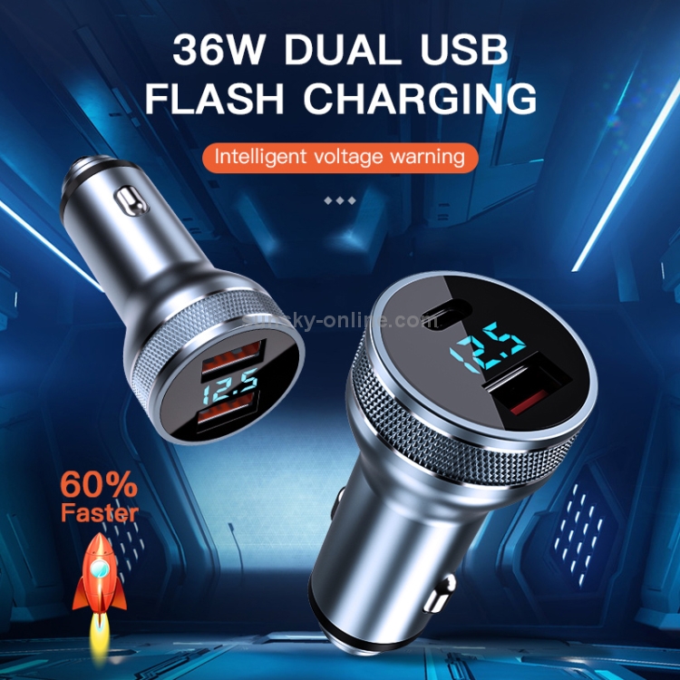 KUULAA KL-O119 36W QC3.0 USB + PD USB-C / Type-C Interface Aluminum Alloy Car Charger with Digital Display