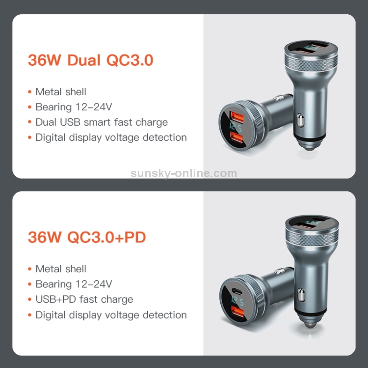KUULAA KL-O119 36W QC3.0 USB + PD USB-C / Type-C Interface Aluminum Alloy Car Charger with Digital Display