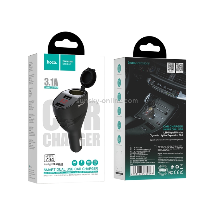 HOCO Z34 3.1A Dual USB Interface Thunder Smart Car Charger with Digital Display & Cigarette Lighter(Black) HOCO Z34 3.1A Dual USB Interface Thunder Smart Car Charger with Digital Display & Cigarette Lighter(Black)