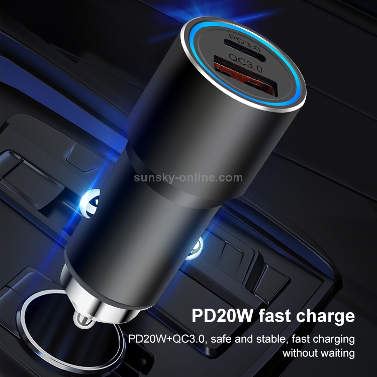 ACC-198 PD 20W + QC3.0 38W Dual Ports Metal Car Charger (Black) ACC-198 PD 20W + QC3.0 38W Dual Ports Metal Car Charger (Black)