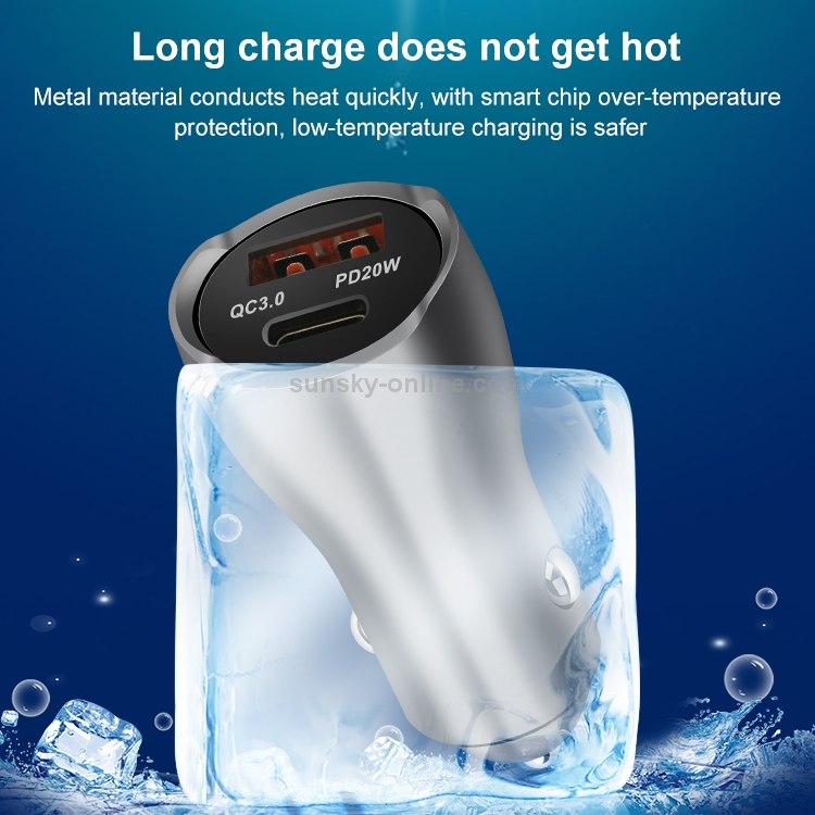 ACC-228 PD 20W + QC3.0 38W Dual Ports Metal Car Charger (Silver) ACC-228 PD 20W + QC3.0 38W Dual Ports Metal Car Charger (Silver)
