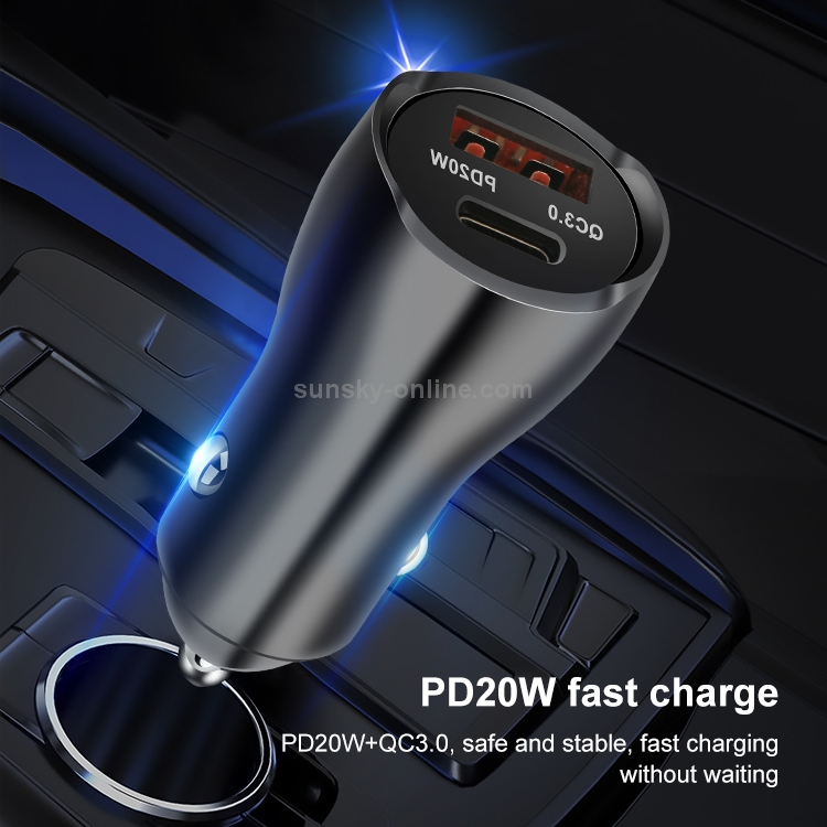 ACC-228 PD 20W + QC3.0 38W Dual Ports Metal Car Charger (Silver) ACC-228 PD 20W + QC3.0 38W Dual Ports Metal Car Charger (Silver)