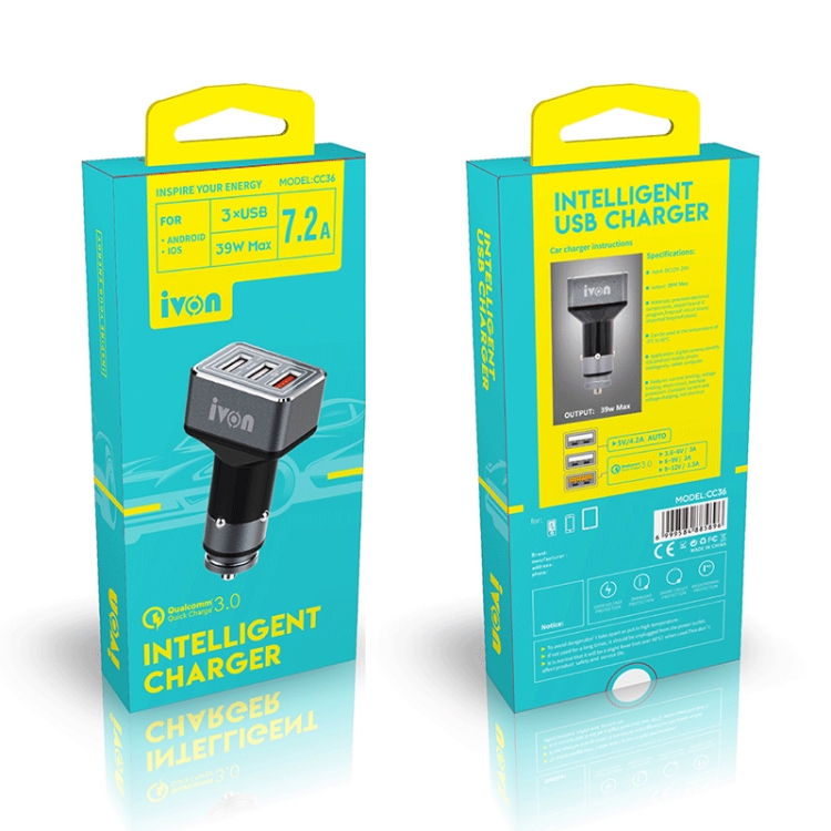 IVON CC36 39W 7.2A QC 3.0 USB + Dual USB Car Charger with Ambient Light IVON CC36 39W 7.2A QC 3.0 USB + Dual USB Car Charger with Ambient Light