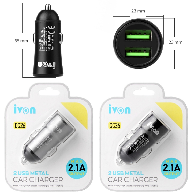 IVON CC26 5V 2.1A Dual USB Port Mini Car Charger (Grey)
