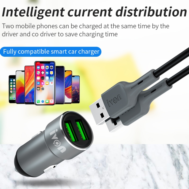 IVON CC38 2.4A Dual USB Car Charger + 1m USB to USB-C / Type-C Fast Charge Data Cable Set IVON CC38 2.4A Dual USB Car Charger + 1m USB to USB-C / Type-C Fast Charge Data Cable Set