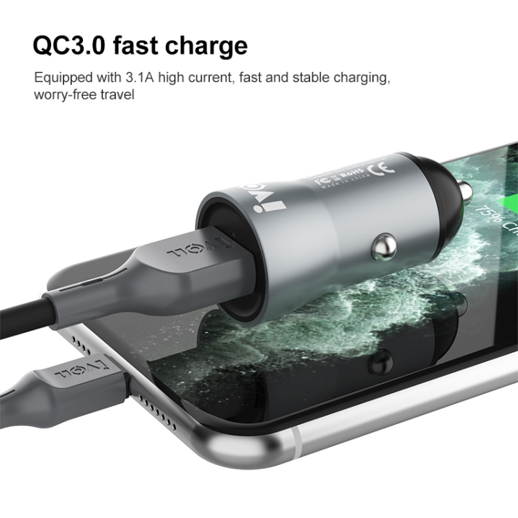 IVON CC39 18W 3.1A QC 3.0 USB Car Charger + 1m USB to 8 Pin Fast Charge Data Cable Set IVON CC39 18W 3.1A QC 3.0 USB Car Charger + 1m USB to 8 Pin Fast Charge Data Cable Set