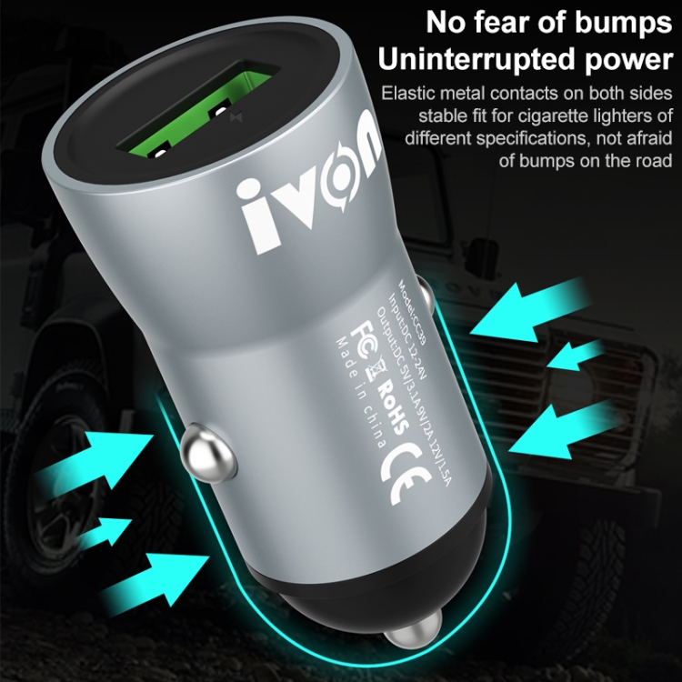 IVON CC39 18W 3.1A QC 3.0 USB Car Charger + 1m USB to 8 Pin Fast Charge Data Cable Set IVON CC39 18W 3.1A QC 3.0 USB Car Charger + 1m USB to 8 Pin Fast Charge Data Cable Set