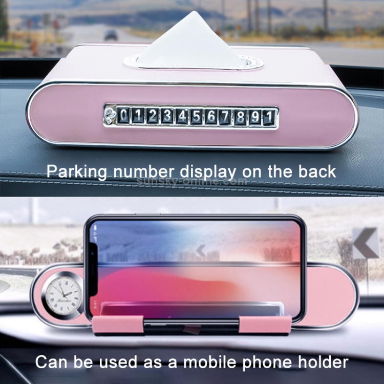 Car Dashboard Diamond Paper Towel Box with Temporary Parking Phone Number Card & Phone Holder & Clock(Red) - B4