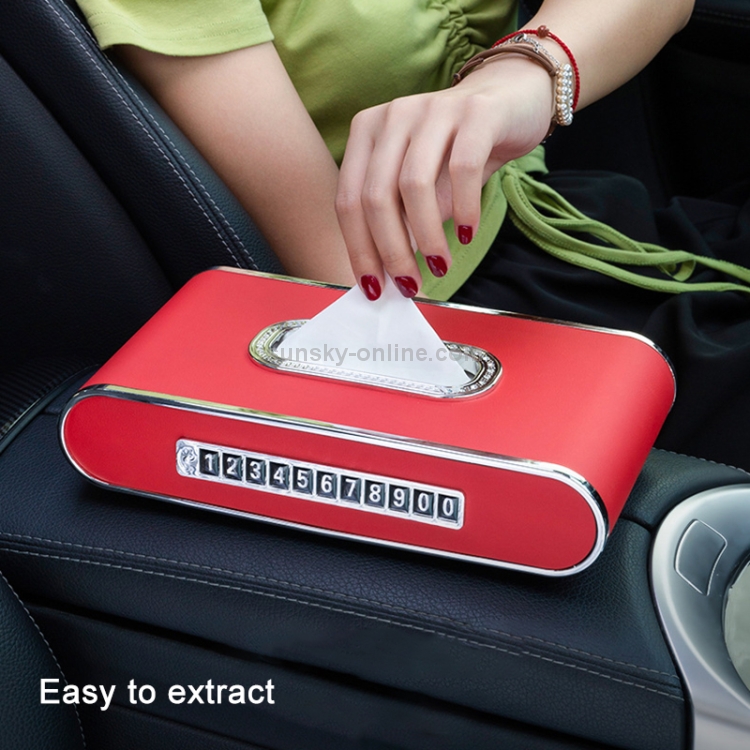 Car Dashboard Diamond Paper Towel Box with Temporary Parking Phone Number Card & Phone Holder & Clock(Red) - B5