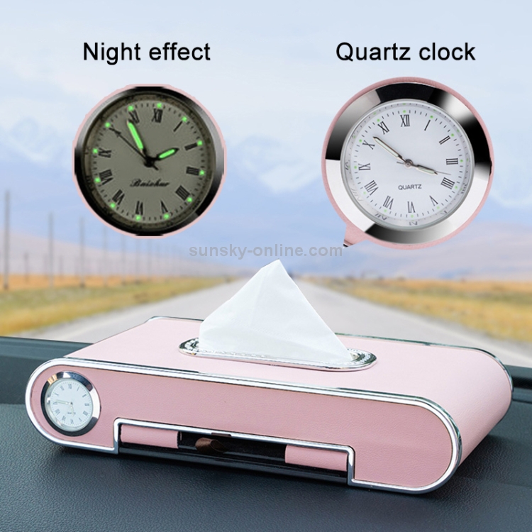 Car Dashboard Diamond Paper Towel Box with Temporary Parking Phone Number Card & Phone Holder & Clock(Red) - B6