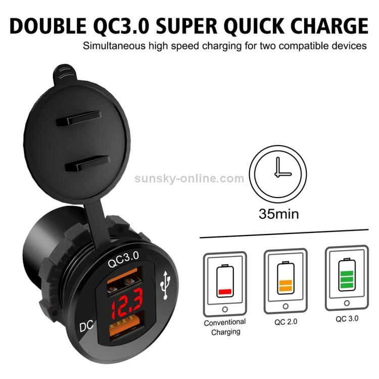ZH-876C2 Car Square Aluminum Alloy QC 3.0 Dual USB Charger with Voltmeter & 60cm Cable ZH-876C2 Car Square Aluminum Alloy QC 3.0 Dual USB Charger with Voltmeter & 60cm Cable