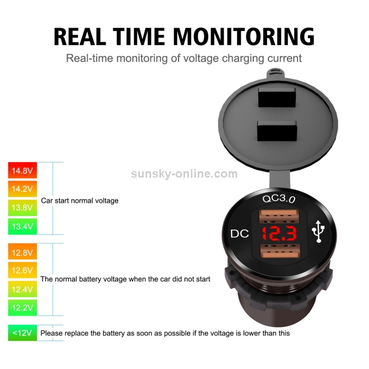 ZH-876C2 Car Square Aluminum Alloy QC 3.0 Dual USB Charger with Voltmeter & 60cm Cable ZH-876C2 Car Square Aluminum Alloy QC 3.0 Dual USB Charger with Voltmeter & 60cm Cable