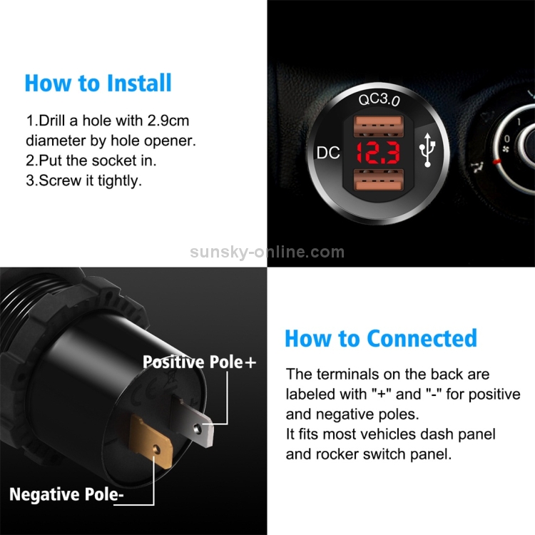 ZH-876C2 Car Square Aluminum Alloy QC 3.0 Dual USB Charger with Voltmeter & 60cm Cable ZH-876C2 Car Square Aluminum Alloy QC 3.0 Dual USB Charger with Voltmeter & 60cm Cable