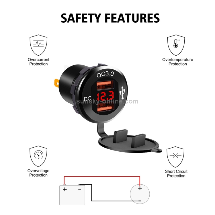 ZH-876C2 Car Square Aluminum Alloy QC 3.0 Dual USB Charger with Voltmeter & 60cm Cable ZH-876C2 Car Square Aluminum Alloy QC 3.0 Dual USB Charger with Voltmeter & 60cm Cable