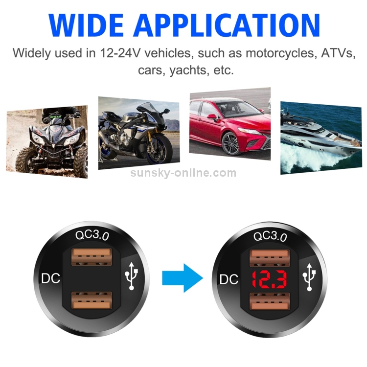 ZH-876C2 Car Square Aluminum Alloy QC 3.0 Dual USB Charger with Voltmeter & 60cm Cable ZH-876C2 Car Square Aluminum Alloy QC 3.0 Dual USB Charger with Voltmeter & 60cm Cable