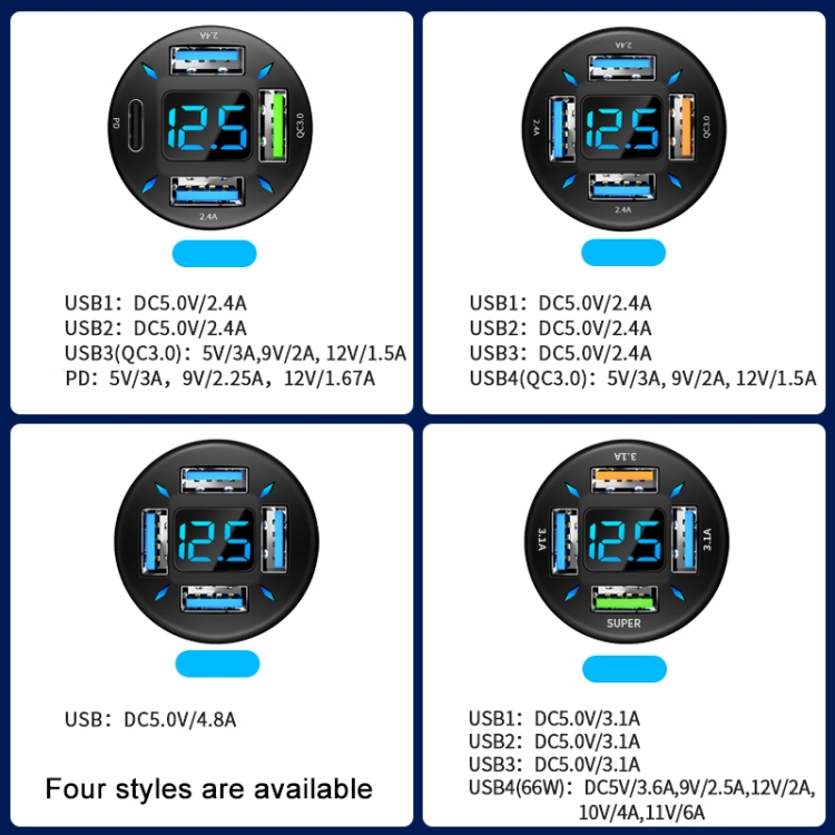 2pcs 4 in 1 USB 4.8A Digital Display Car Charger 2pcs 4 in 1 USB 4.8A Digital Display Car Charger