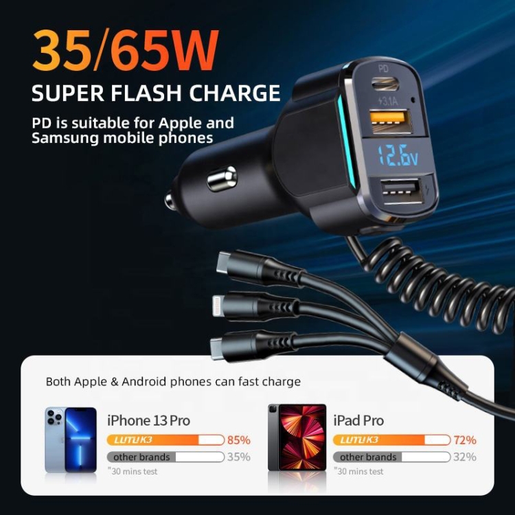 K4 Car 3 in 1 PD + USB Dual Port Fast Charger with Spring Data Cable K4 Car 3 in 1 PD + USB Dual Port Fast Charger with Spring Data Cable