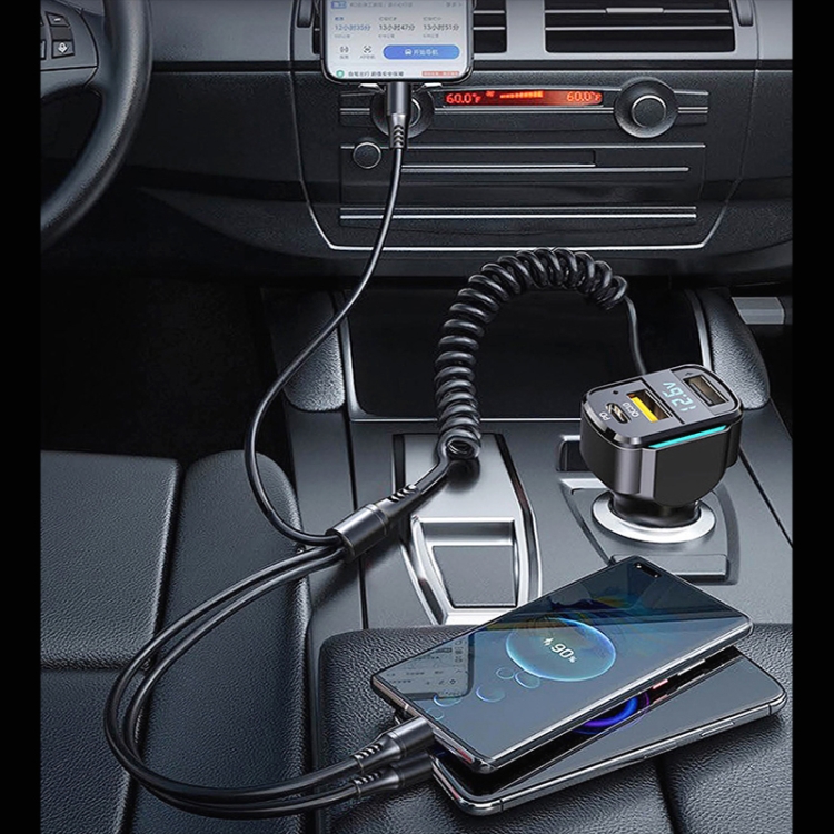 K4 Car 3 in 1 PD + USB Dual Port Fast Charger with Spring Data Cable K4 Car 3 in 1 PD + USB Dual Port Fast Charger with Spring Data Cable