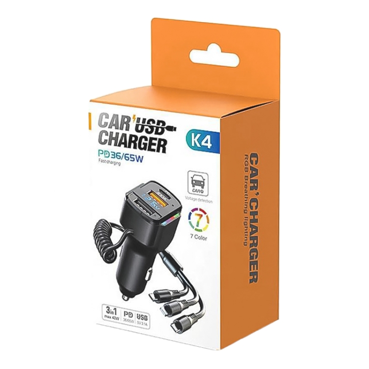 K4 Car 3 in 1 PD + USB Dual Port Fast Charger with Spring Data Cable K4 Car 3 in 1 PD + USB Dual Port Fast Charger with Spring Data Cable