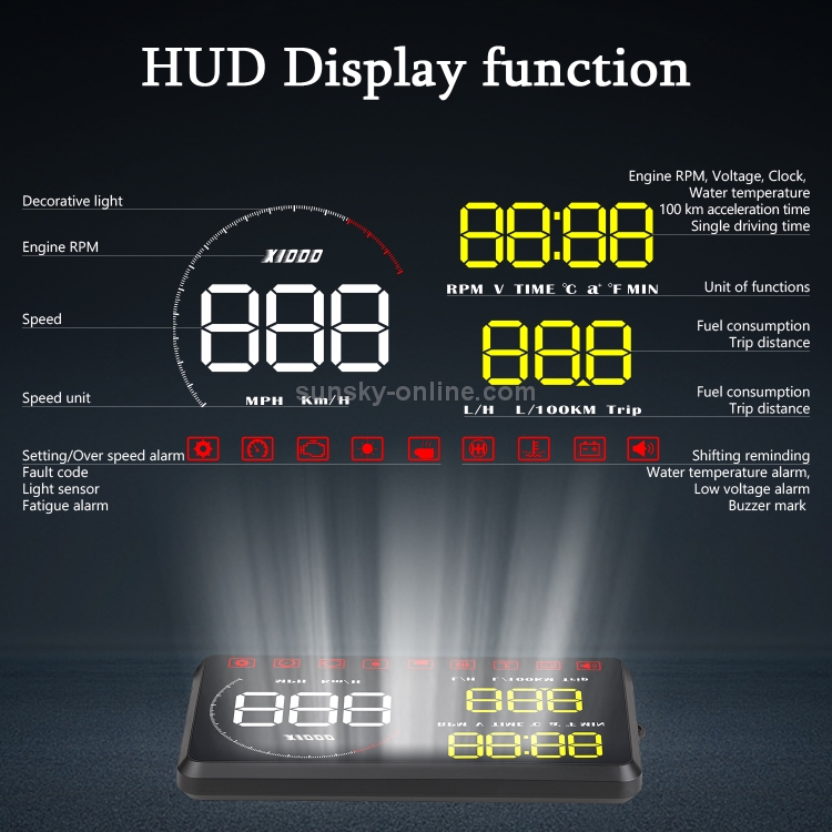 5.5 inches A8 OBD2 Windshield HUD Head Up Display with Display RPM MPH  Speeding Warning Fuel Consumption Temperature