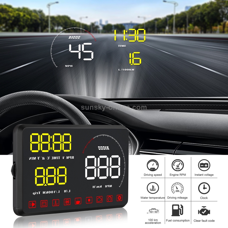 5.5Inch HD OBD2 Car GPS HUD Car Head Up Display Plug & Play with Engine RPM Digital Over Speed Warning Car Head Up Display Water Temperature,Voltage 