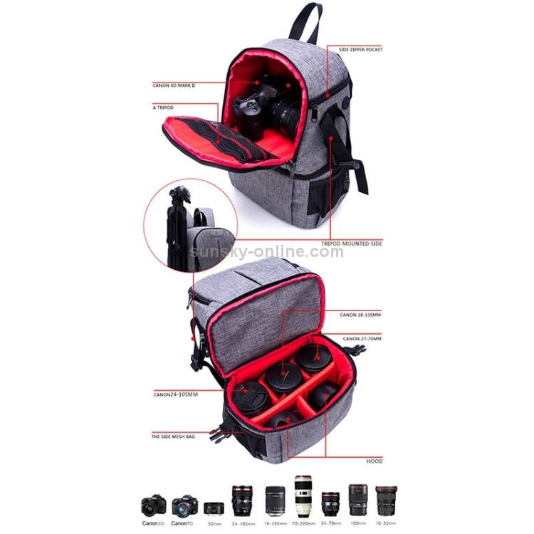 Multi-functional Waterproof Nylon Shoulder Backpack Padded Shockproof Camera Case Bag for Nikon Canon DSLR Cameras(Grey) - 8
