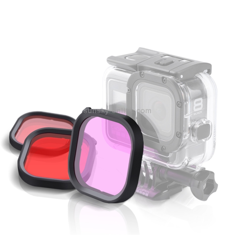 Kits de filtros de lentes de buceo con carcasa cuadrada de 3 colores, rosa, morado, rojo para GoPro HERO8, carcasa impermeable original negra - 2