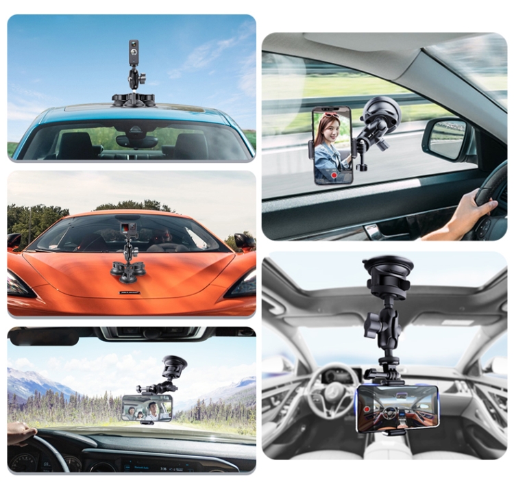 Triangle Suction Cup Mount Phone Holder with Tripod Adapter & Steel Tether & Safety Buckle (Black) Triangle Suction Cup Mount Phone Holder with Tripod Adapter & Steel Tether & Safety Buckle (Black)