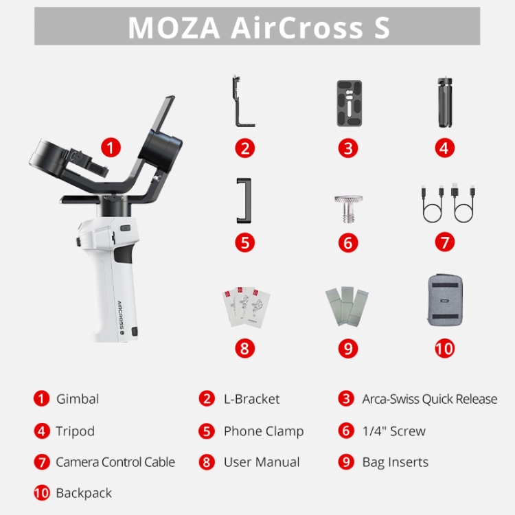 MOZA AirCross S 3 軸折りたたみ式ハンドヘルド ジンバル スタビライザー (デジタル一眼レフ カメラとスマートフォン用) (ホワイト)