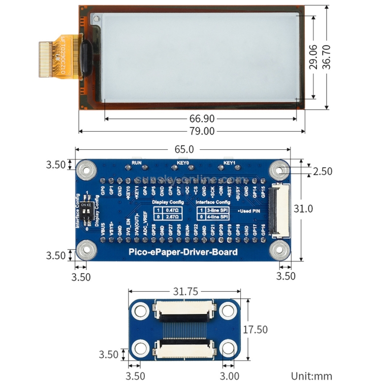 Waveshare 2.9 inch 296 x 128 Pixel Black / White Flexible E-Paper E-Ink  Display Module for Raspberry Pi Pico, SPI Interface