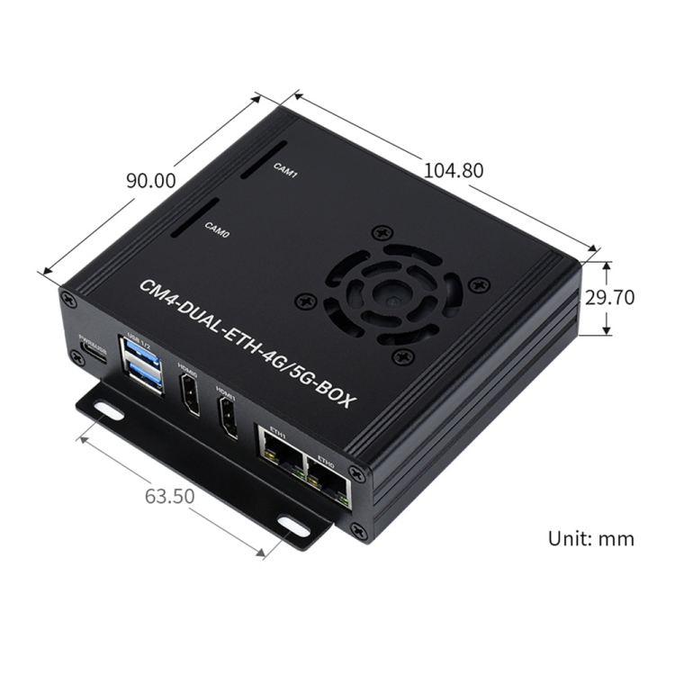 Waveshare Dual Gigabit Ethernet 5G/4G Computer Box with Cooling Fan for Raspberry Pi CM4 (EU Plug) - B1